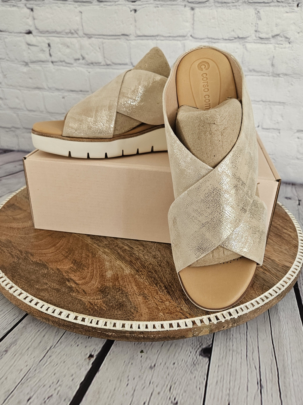 Corso Como Leather Metallic Gold Cross-Band Slide Sandals